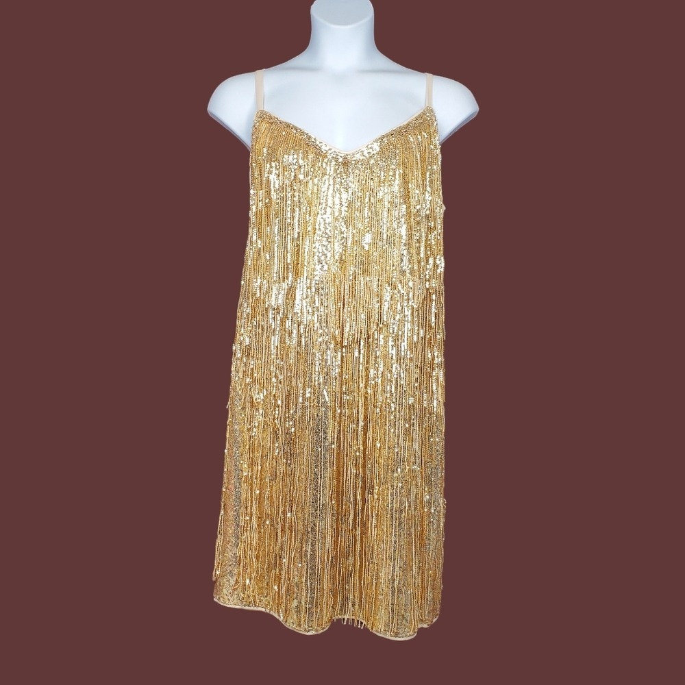 Torrid Womens Festi Sleeveless Gold Sequin Fringe Layer Mini Dress Size 14 NWT